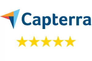 Capterra logo with five stars below.