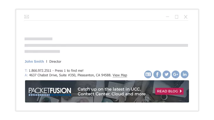An email mockup showing a signature for John Smith with his contact details, and a banner for PacketFusion.