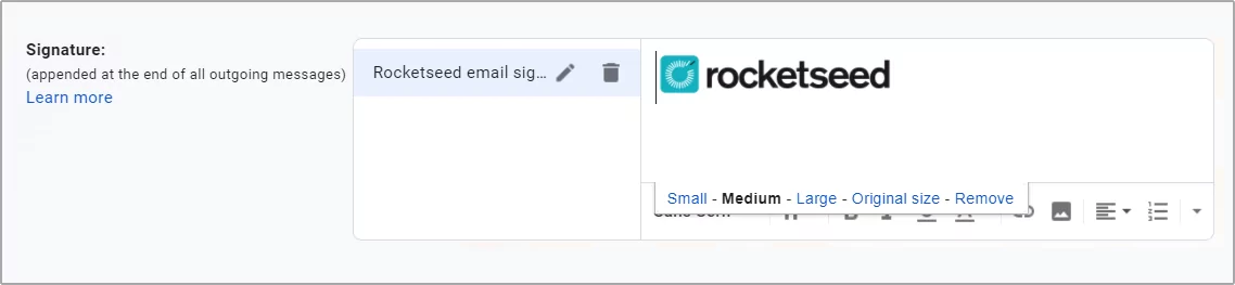 A screenshot of the Gmail email composer, with the Rocketseed logo inserted into the text editor.
