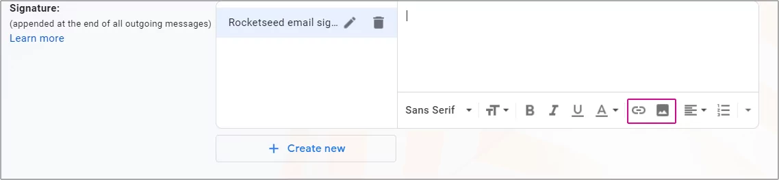 A screenshot of the Gmail email composer, with a red square around the Picture and Link icons.