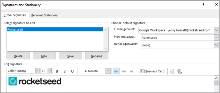 A screenshot of a window titled Signatures and Stationary, with Rocketseed selected under Select signature to edit, and the Rocketseed logo visible in the text editor.