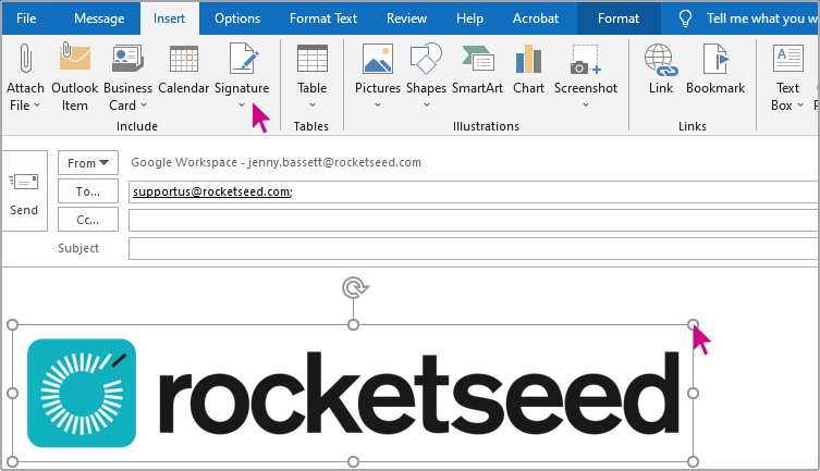 A screenshot of Outlook's email composer, with an arrow hovering over the Signature button and the Rocketseed logo inserted into the text body.