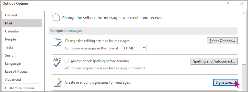 A screenshot of a window titled Outlook Options, with an arrow hovering over the Signatures button.