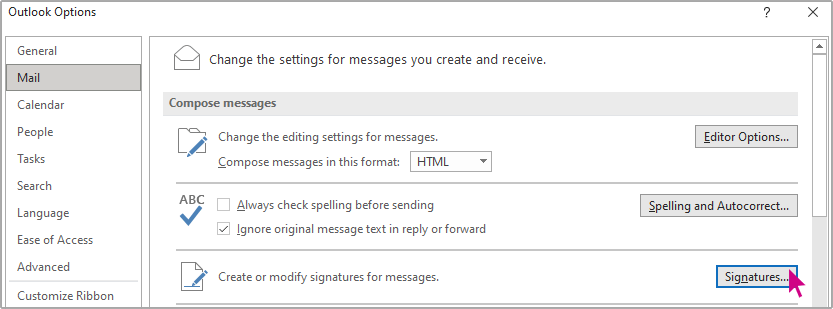 Resize signature in HTML.fw A screenshot of a window titled Outlook Options, with an arrow hovering over the Signatures button.