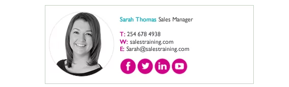 An email signature banner for Sarah Thomas, Sales Manager with a profile picture, contact details, and various social media icons along the bottom.