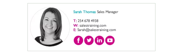 head shot.fw An email signature banner for Sarah Thomas, Sales Manager with a profile picture, contact details, and various social media icons along the bottom.