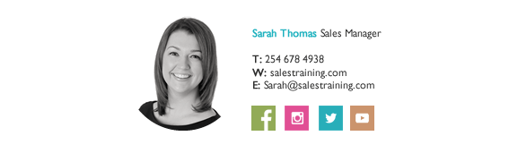 An email signature banner for Sarah Thomas, Sales Manager with a profile picture, contact details, and various social media icons along the bottom.