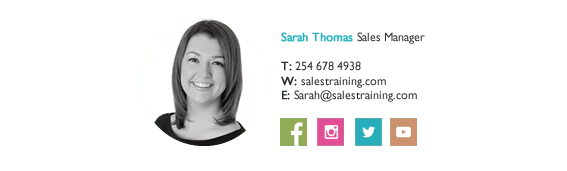 An email signature banner for Sarah Thomas, Sales Manager with a profile picture, contact details, and various social media icons along the bottom.