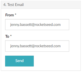 A screenshot of a window titled "4. Test Email" with "From" and "To" fields and a "Send" button.
