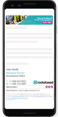 An iPhone screen showing the Rocketseed email banner and signature.