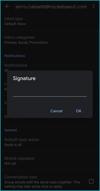 A screenshot from an Android Phone with a of a pop-up titled "Signature", with a line and buttons for "OK" and "Cancel" below.