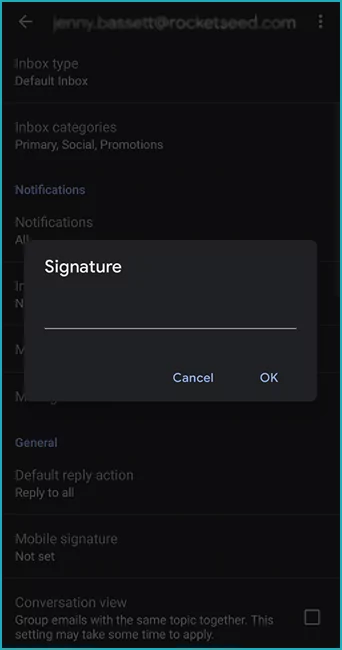 A screenshot from an Android Phone with a of a pop-up titled "Signature", with a line and buttons for "OK" and "Cancel" below.