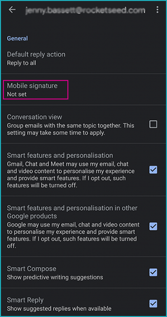 A screenshot from an Android Phone menu, with a pink square around the "Mobile signature not set" button.