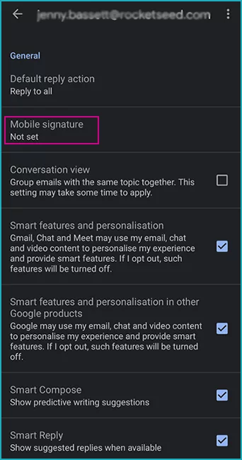 A screenshot from an Android Phone menu, with a pink square around the "Mobile signature not set" button.