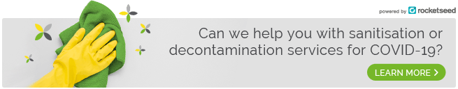 An email banner with the message "Can we help you with sanitisation or decontamination services for COVID-10?" and a "LEARN MORE" button, next to a photo of a gloved hand holding a cleaning cloth.