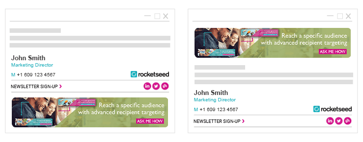 Two tablets side by side, both showing Rocketseed emails, one with a banner at the bottom and one with a banner at the top.