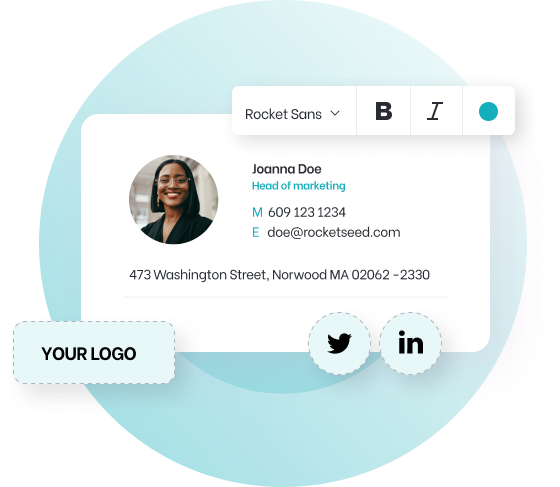 A mock-up of an email signature for Joanna Doe, displaying a profile picture and contact details; a box saying "YOUR LOGO", two social media buttons buttons, and a text formatting menu hover over the signature.