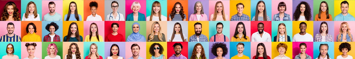 A collage of a diverse group of people on a colourful background.