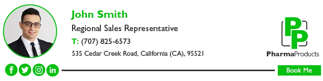 An email signature banner for John Smith, with a profile photo on the left side, contact details in the middle, the PharmaProducts logo on the right, and various social media icons along the bottom.