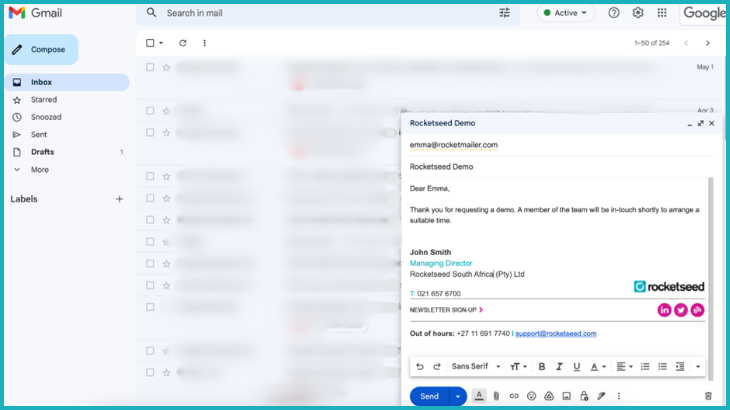 An example of composing an email with your signature applied, using Signature on Compose for Google Workspace within the Gmail environment
