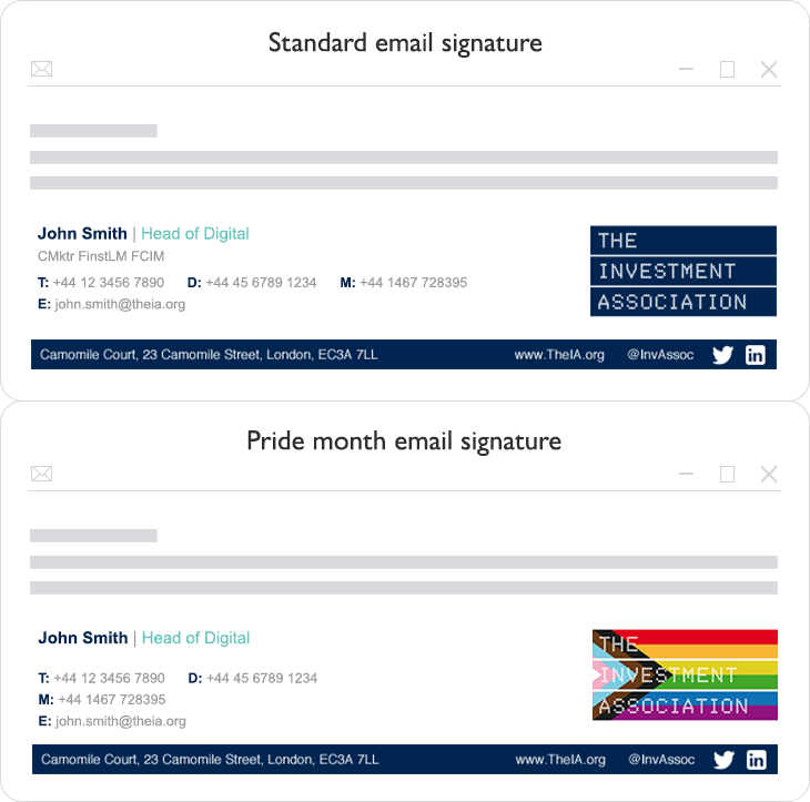 The Investment Association standard email signature vs pride month email signature