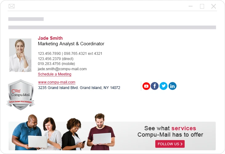 An email signature and marketing banner for Jade Smith, with contact details, Compu-Mail logo, company details, and an advertisement for services they offer.