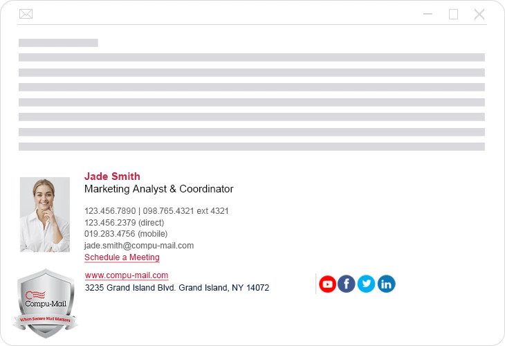 An email signature for Jade Smith, with contact details, social media icons, Compu-Mail logo and company details.