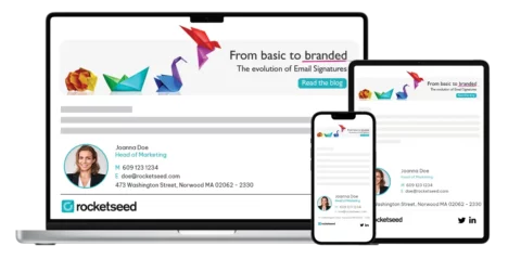 Multiple screens displaying an email signatures of Joanna Doe and a marketing email signature banner
