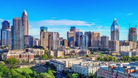 Drone aerial photograph of Charlotte, North Carolina, USA skyline