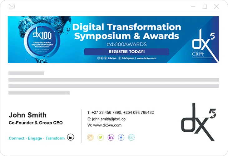 An email signature for John Smith, with contact details, dx5 logo, company details, and an email signature marketing banner promoting their dx100 Awards event.