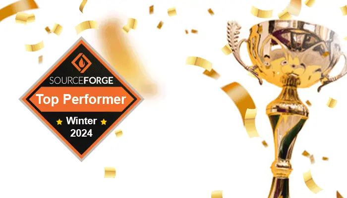 An image featuring a SourceForge Top Perfomer - Winter 2024 Badge awarded to Rocketseed for their Email Signature Software, with a supporting trophy.