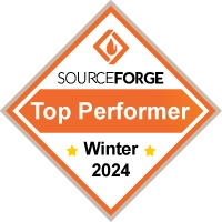 A diamond shaped badge from SourceForge, awarding Rocketseed with the Top Performer - Winter 2024 award for Email Signatures