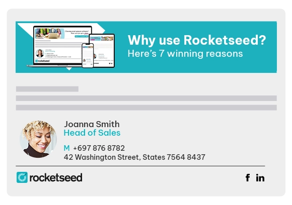 A depiction of a branded business email signature: with a "Why use Rocketseed" email signature banner at the top of the email and a Rocketseed email signature at the bottom.
