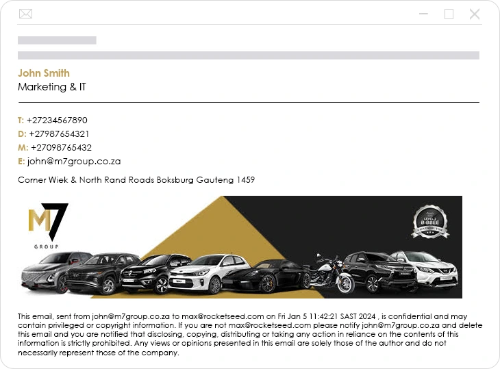 An example of a vehicle dealership's branded email; featuring a professional email signature of M7 Group and a promotional email marketing banner