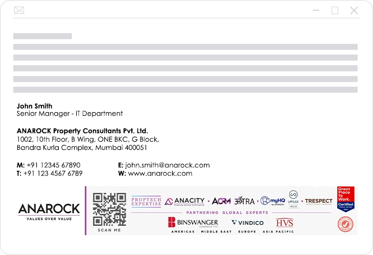 An example of a branded email from Anarock, featuring a professional email signature and a promotional email signature banner at the bottom.