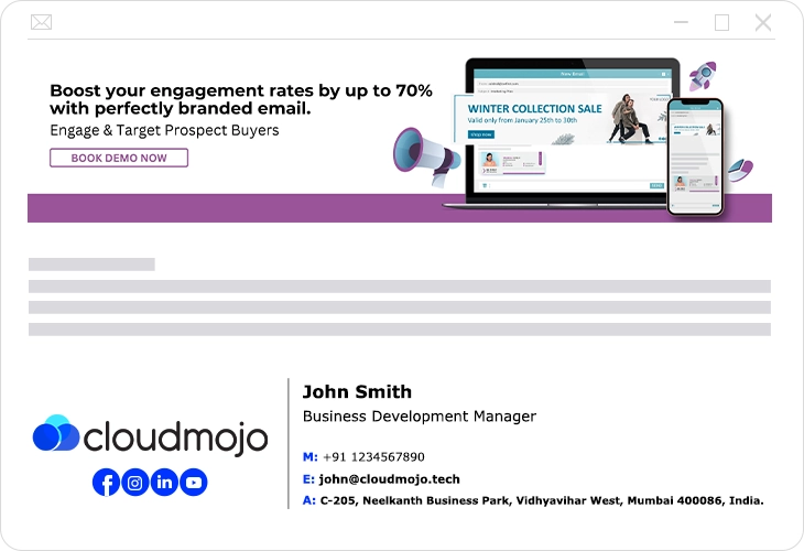 An example of a branded email from Cloud Mojo, featuring a professional email signature and interactive email signature banner at the top of the email.