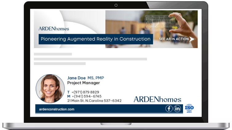 Construction company email signature featuring a promotional banner displayed on a laptop