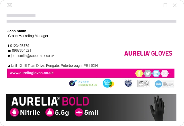 An example of Supermax (Aurelia Gloves) professional business email signature and email banner