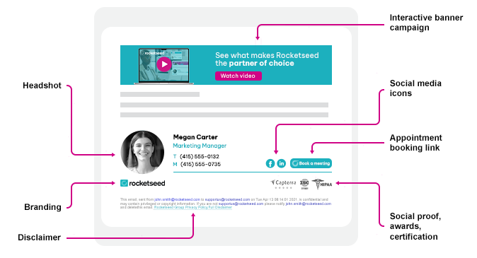 Branded Email Signature Example - Rocketseed An example of a professional business email signature from Rocketseed, featuring an email banner, signature and disclaimer with descriptions.