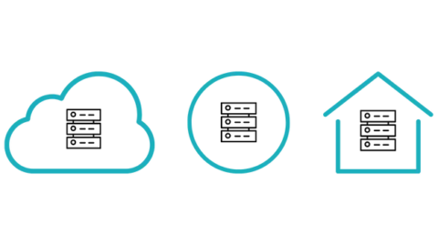 Flexible email signature deployment - cloud, on-prem and hybrid from Rocketseed Icons depicting on-prem, cloud and hybrid email signature deployment options