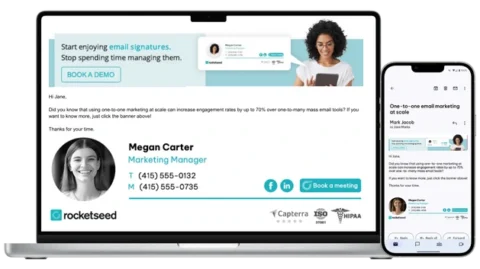 Mobile optimized email signatures - Rocketseed An example of mobile optimized email signature on a laptop and mobile phone