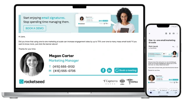 An example of mobile optimized email signature on a laptop and mobile phone