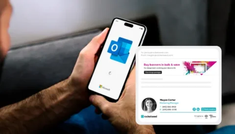 Essential Outlook Exchange email integrations: signatures, security & enterprise management 3 A man holding his mobile phone and looking at the outlook exchange email logo. There's also an example of professional email signature form Rocketseed.