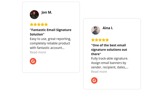 Various reviews of Rocketseed's email signature software on G2