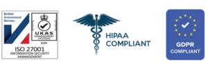 ISO27001, HIPAA and GDPR logos