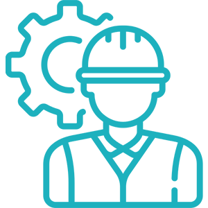 An outline of a construction character with a cog in the background