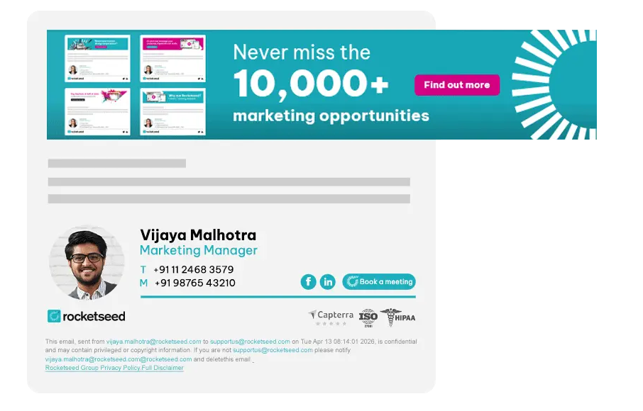 A branded professional email signature featuring Rocketseed information with an animated email banner