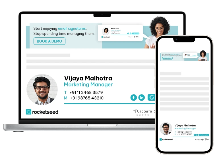 A laptop and mobile screen displaying email signature branding