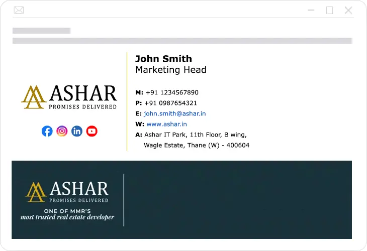 An example of a professional branded email signature for Ashar Group, using Rocketseed email signature manager