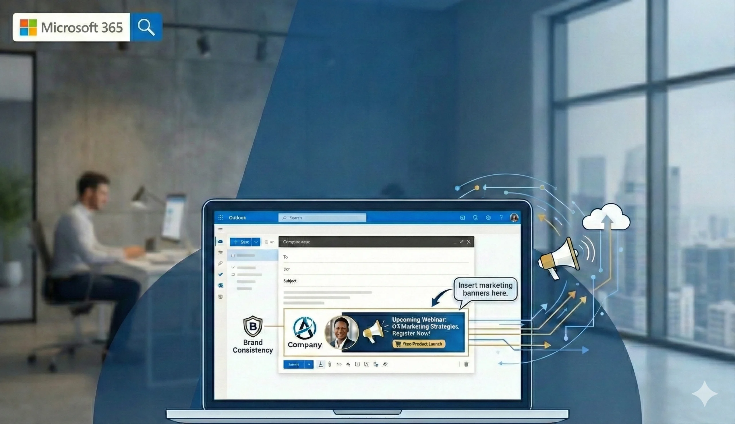 A blurred image of a man working at a des in the background. In the foreground there's a laptop screen with a branded email and the Microsoft 365 logo